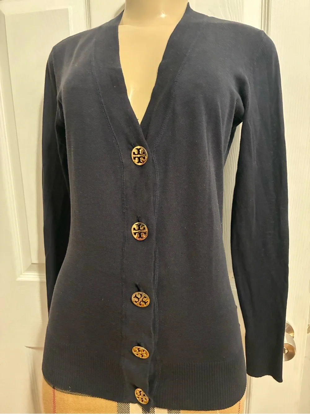 Tory Burch Navy Button-Front V-Neck Cardigan with Logo Buttons